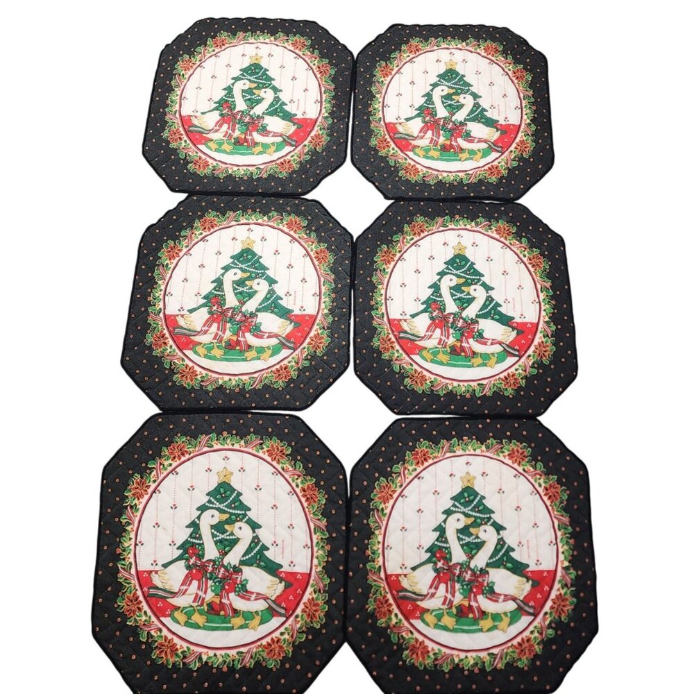 6 Vintage Franco Holiday Christmas Cloth Placemats Ducks Geese Swan Cotton Tree